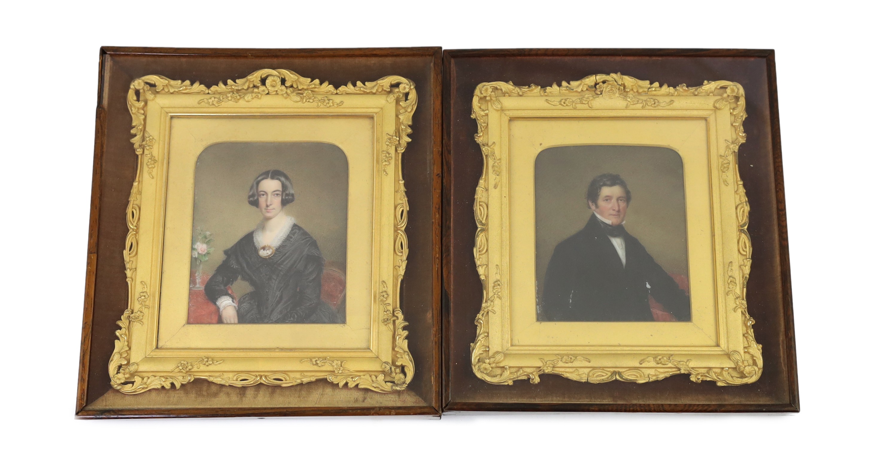 Mid 19th Century English School, Miniature family portraits, watercolour on white marble, 12 x 10 cm